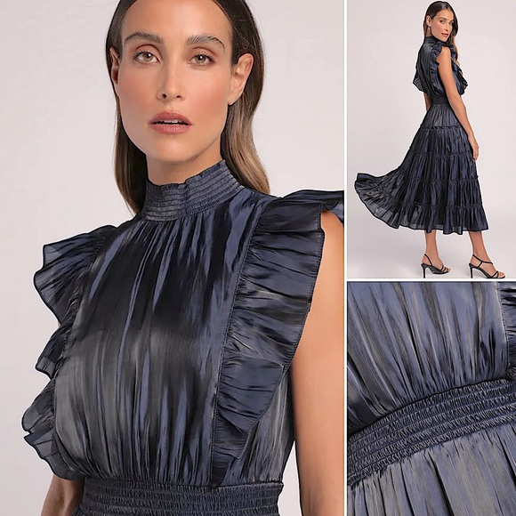 Take a Glance Navy Blue Tiered Mock Neck Midi Dress - S - Picture 2 of 6